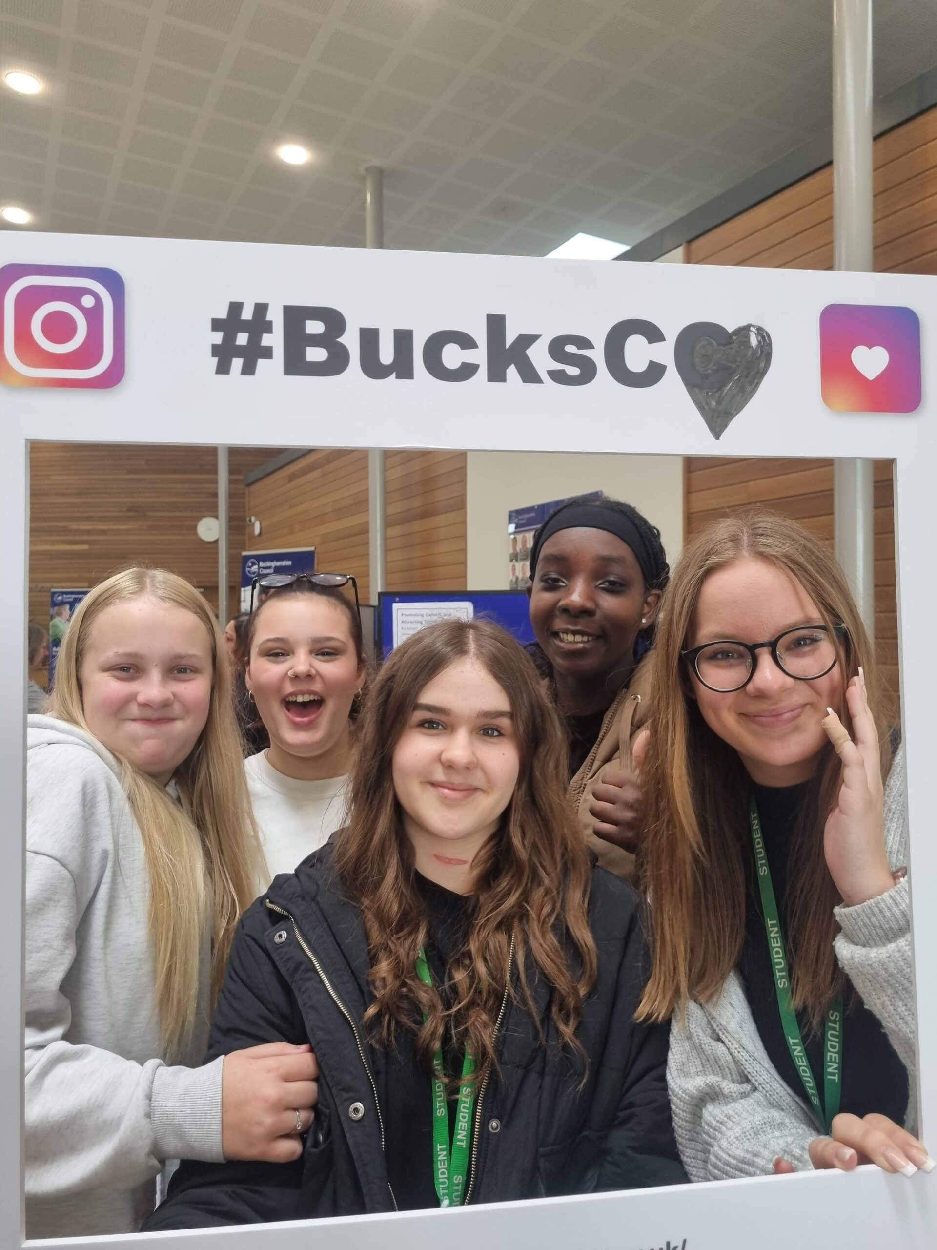 HSC Students at Bucks CC job fair with social media cut out