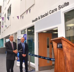 Cuttong of the ribbon by Sor Mike Tomlinson and MP Rob Butler of new Health and Social Care suite at Aylesbury UTC