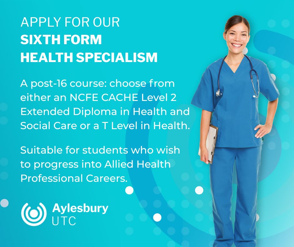 Female in blue health uniform smiling. Blue and white graphics and white text for Aylesbury UTC health course.